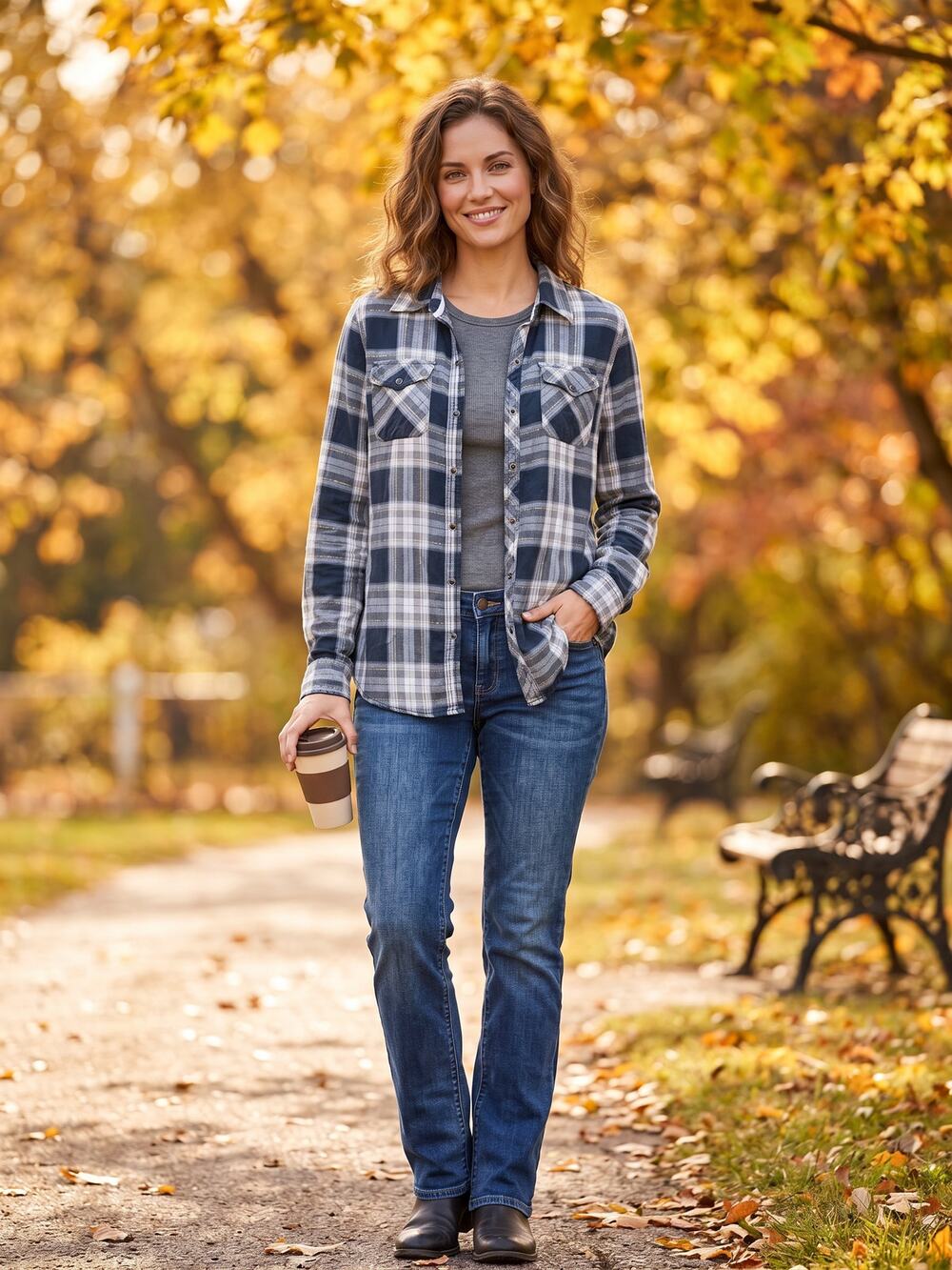 Arizona Jean Co Women's Plaid Flannel Button Up Shirt Size L Navy Blue Fall